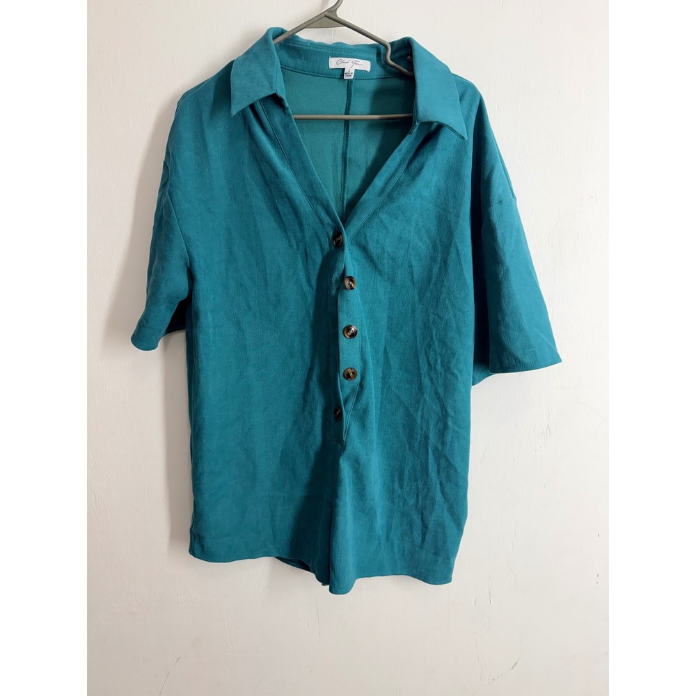 Cloud Ten Teal Blue Button Front Romper Short Sleeve Faux Suede Feel Small